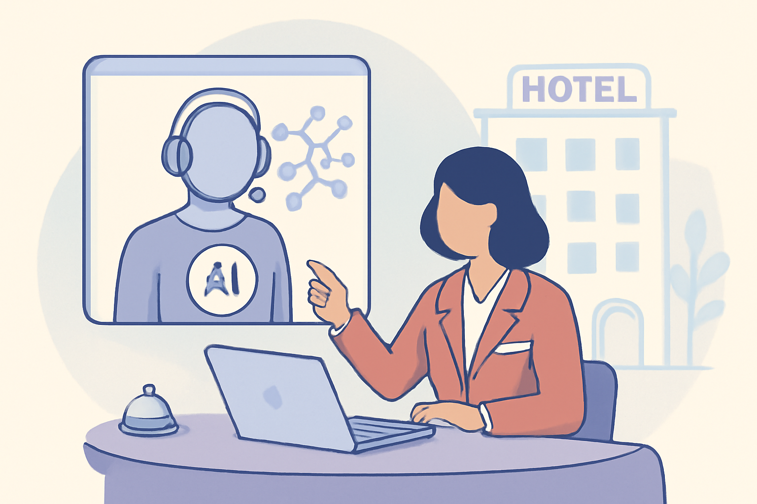 Ilustración sobre Agentes de IA en hoteles: definición, ejemplos y guía práctica — GuestBrain (guestbrain.io)