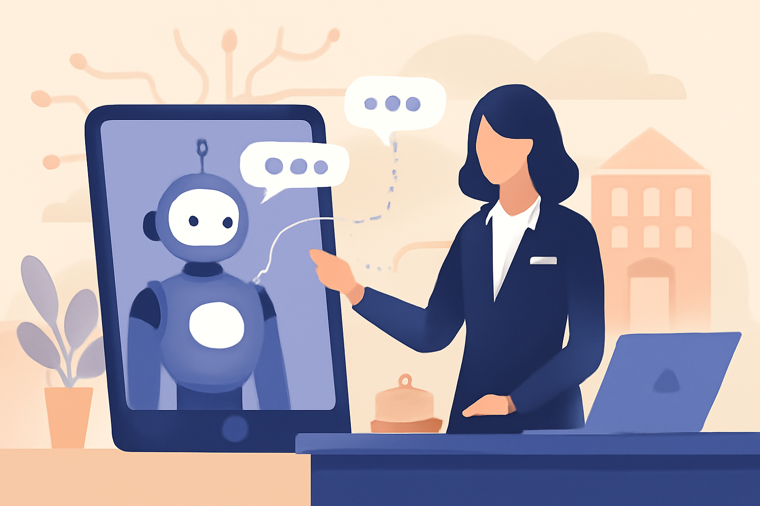 Ilustración sobre Chatbot hotelero con IA: guía completa y práctica 2026 — GuestBrain (guestbrain.io)