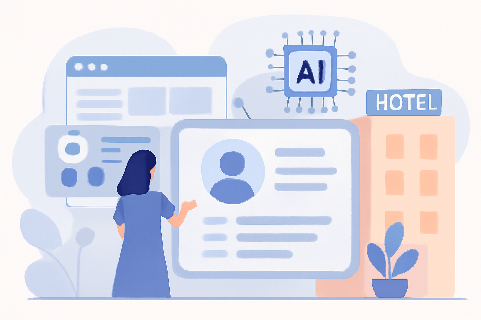 Ilustración sobre CRM hotelero con IA avanzado y ficha de huésped única — GuestBrain (guestbrain.io)