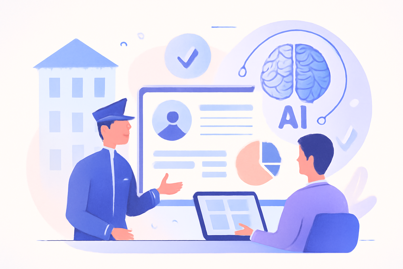 Ilustración sobre CRM hotelero con IA para independientes — GuestBrain (guestbrain.io)