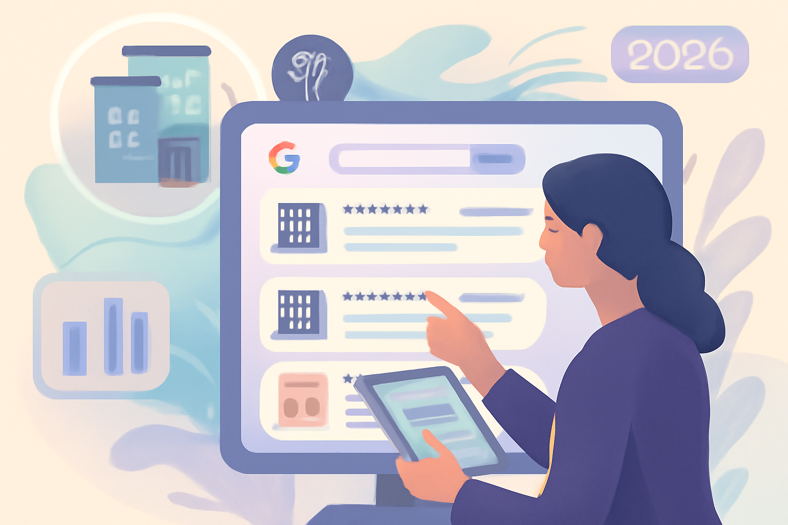 Ilustración sobre Google Hotel Ads: cómo funciona y cuánto cuesta en 2026 — GuestBrain (guestbrain.io)