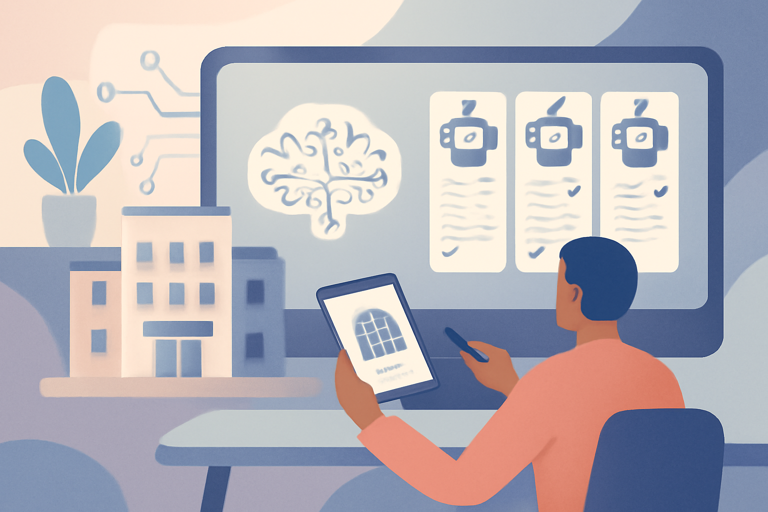 Ilustración sobre Herramientas de IA para hoteles: guía comparativa 2026 — GuestBrain (guestbrain.io)