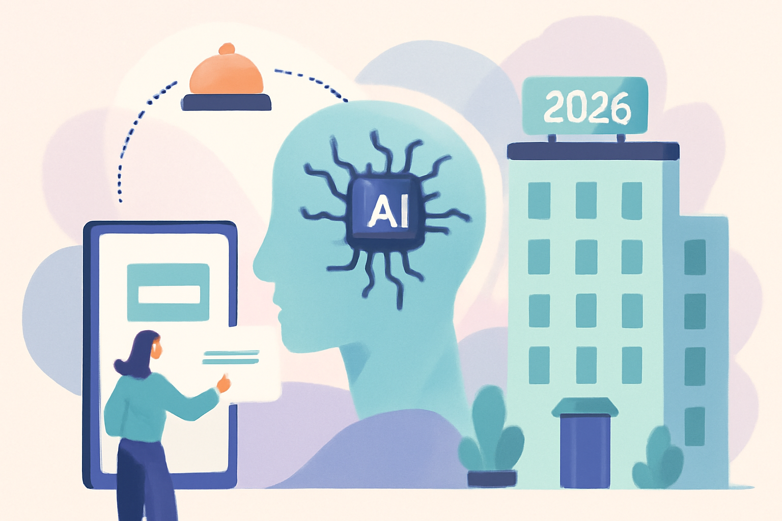 Ilustración sobre IA para hoteles: ejemplos y casos de uso prácticos en 2026 — GuestBrain (guestbrain.io)