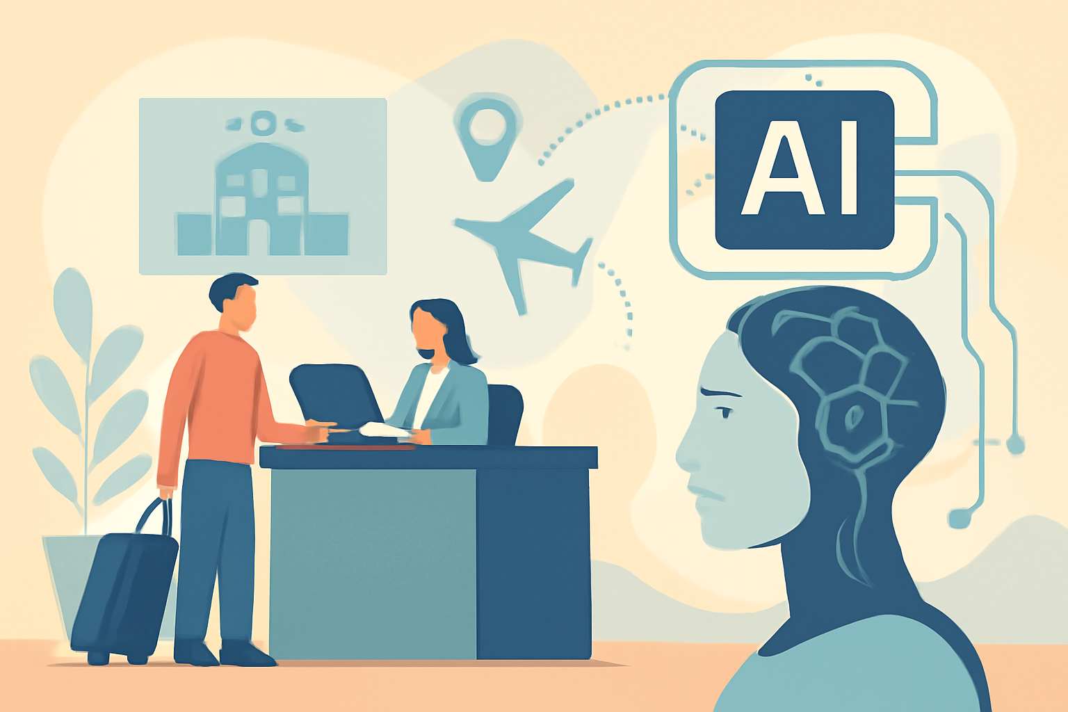 Ilustración sobre Inteligencia artificial en el turismo para hoteles en 2026 — GuestBrain (guestbrain.io)