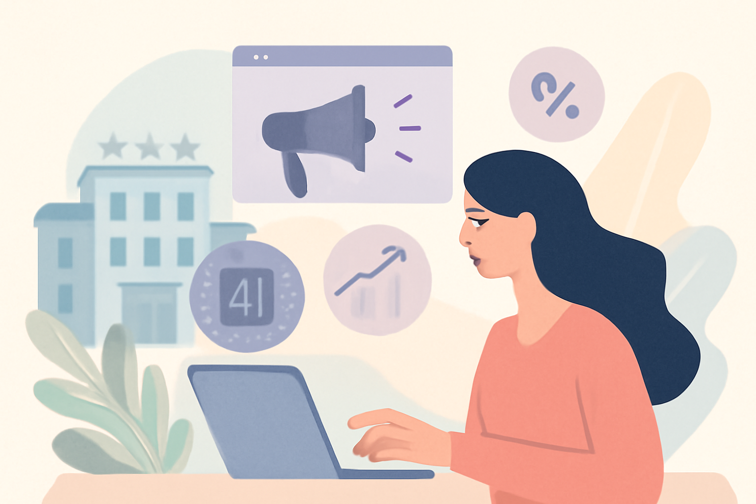 Ilustración sobre Marketing digital para hoteles: guía completa y práctica 2026 — GuestBrain (guestbrain.io)