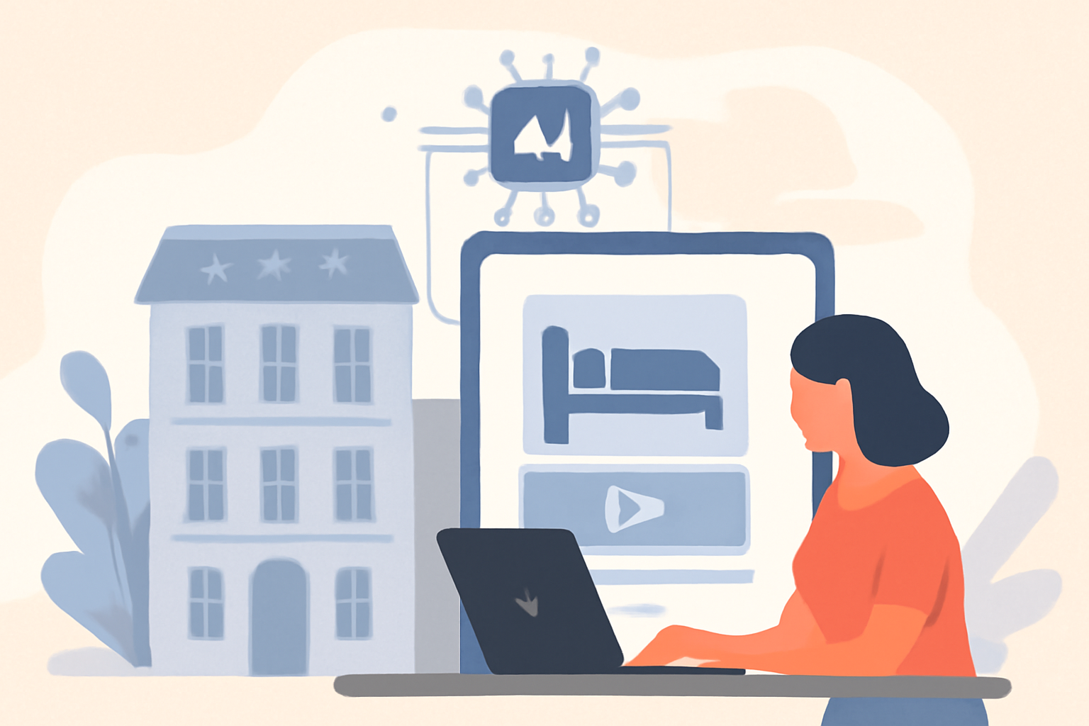Ilustración sobre Publicidad con inteligencia artificial en hoteles, guía 2026 — GuestBrain (guestbrain.io)