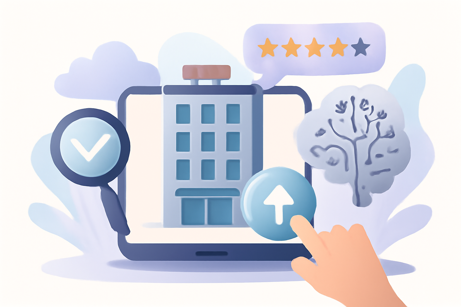 Ilustración sobre Reputación online de hoteles: claves y cómo mejorarla — GuestBrain (guestbrain.io)