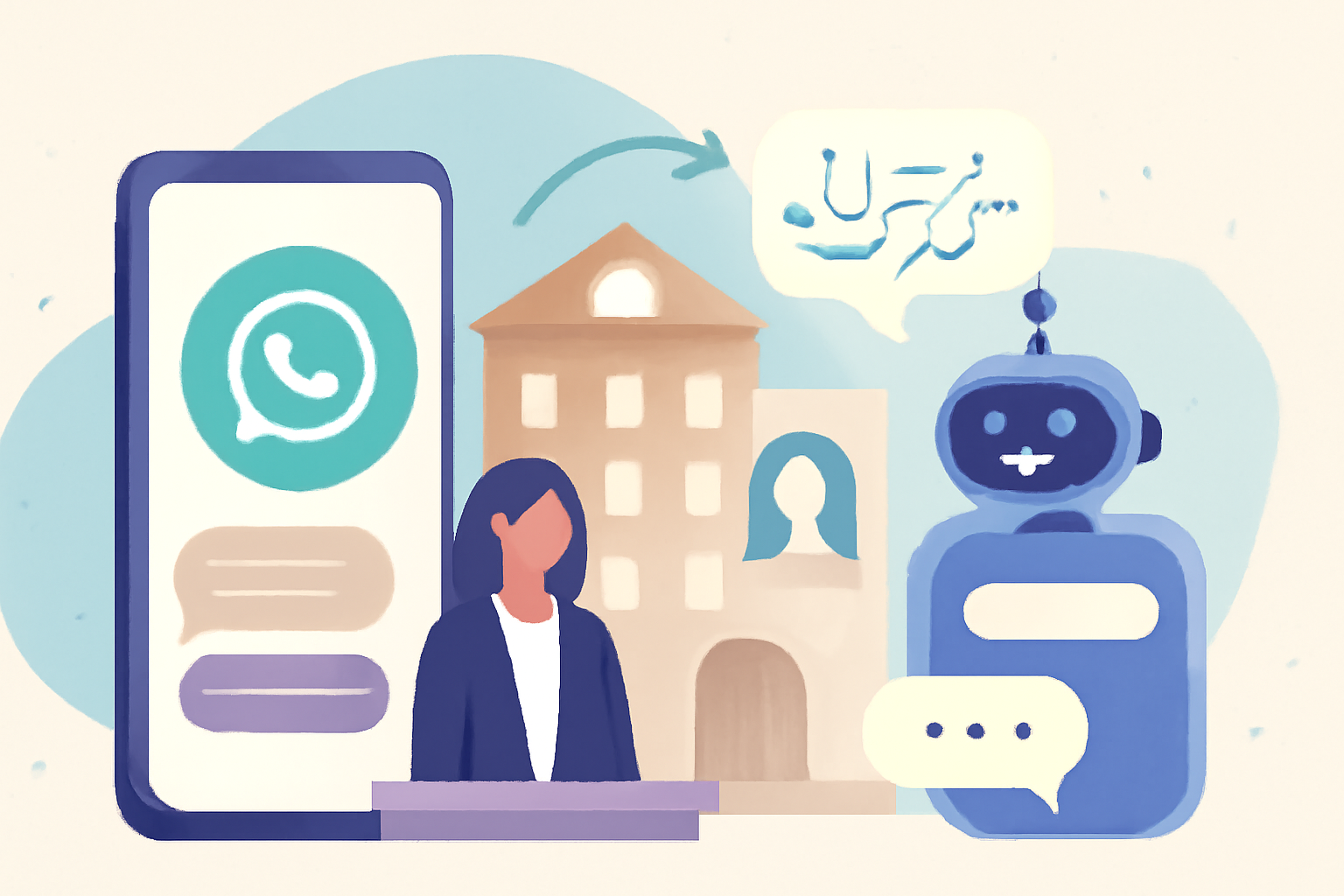 Ilustración sobre WhatsApp para hoteles con IA: atención 24/7 en el idioma del huésped — GuestBrain (guestbrain.io)